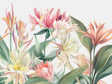 Fototapete mit leuchtenden tropischen Blumen auf weißem Hintergrund