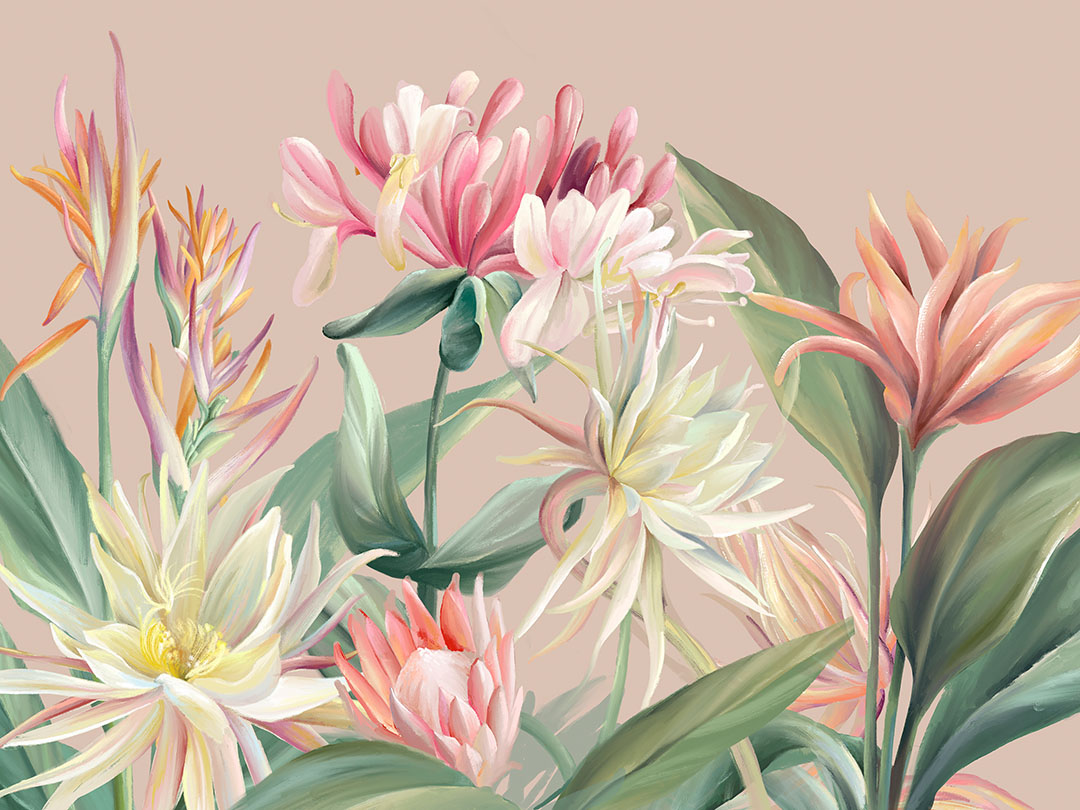 Fototapete mit leuchtenden tropischen Blumen auf rosa Hintergrund