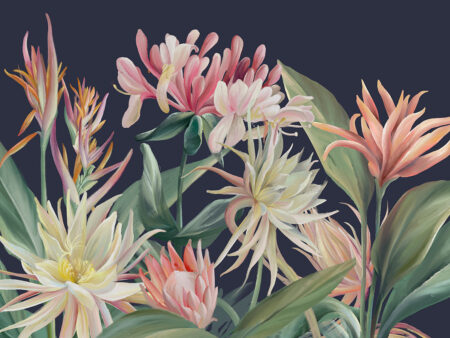 Fototapete mit leuchtenden tropischen Blumen auf marineblauem Hintergrund